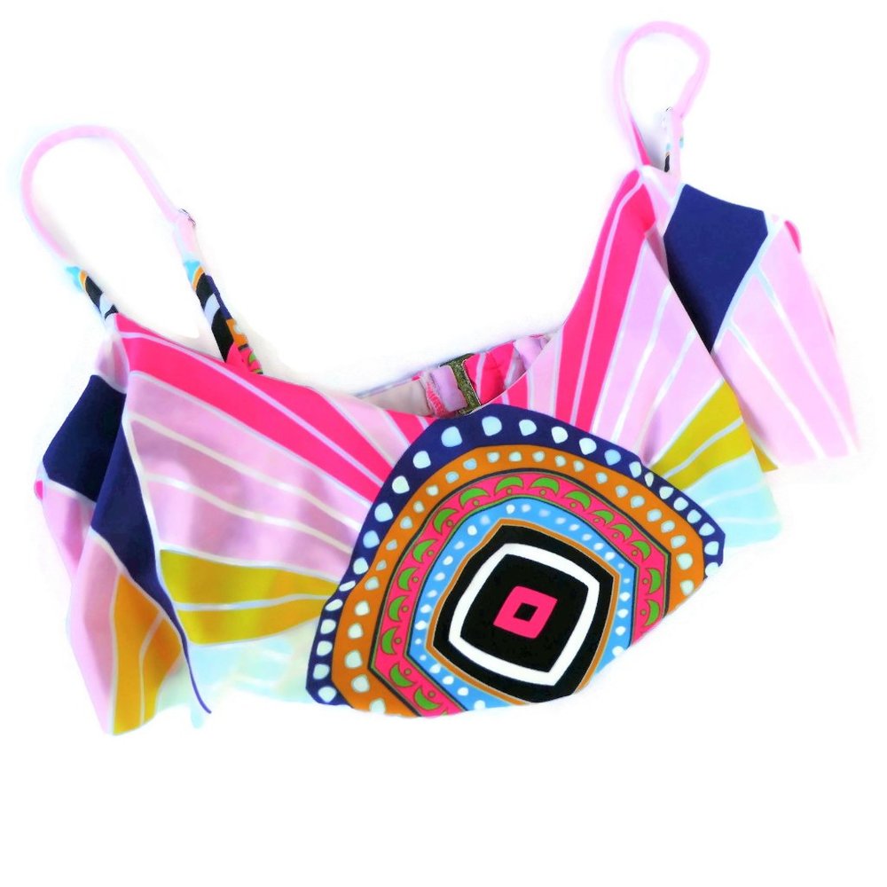 Mara Hoffman USA Ruffle Overlay Bikini Top Tribal Eye Psychedelic Nylon Spandex